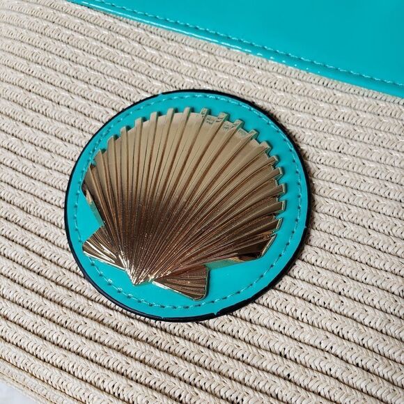 Seashell Purse Paper Straw Woven Teal Beach Vacation - Picture 3 of 8